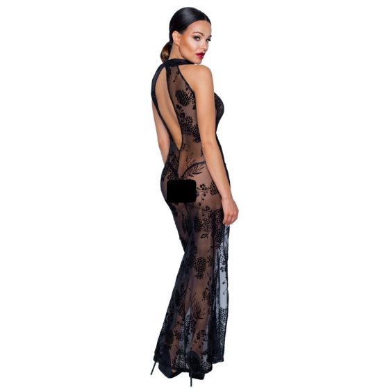 Noir - Transparent, Floral Long Dress (Black)