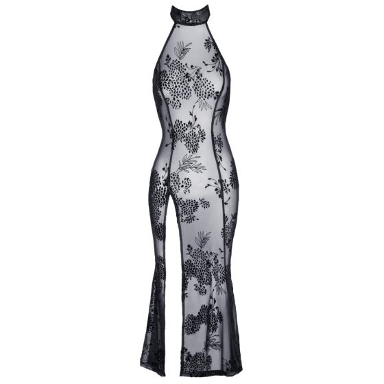 Noir - Transparent, Floral Long Dress (Black)