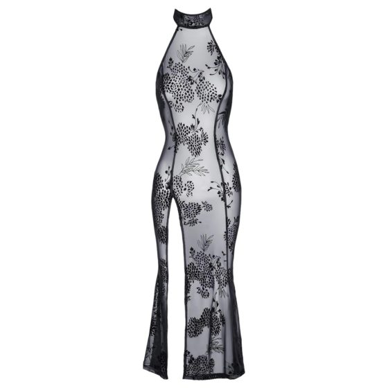 Noir - Transparent, Floral Long Dress (Black)