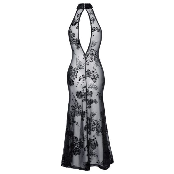 Noir - Transparent, Floral Long Dress (Black)