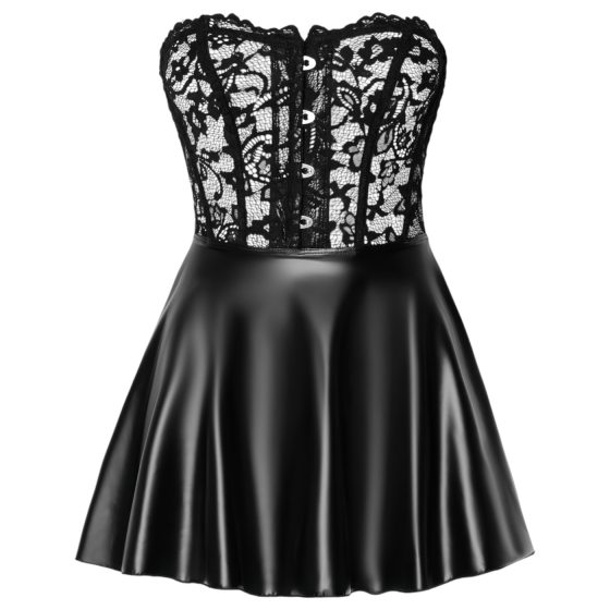 Noir - Lace Top Shiny Mini Dress (Black)