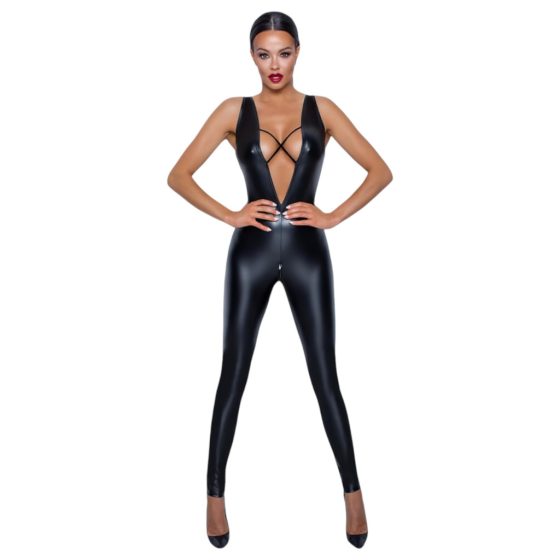  Black Cross-Strap Shiny Jumpsuit