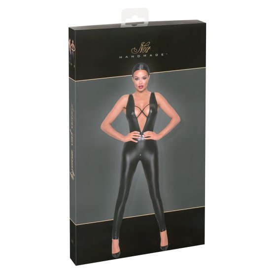  Black Cross-Strap Shiny Jumpsuit