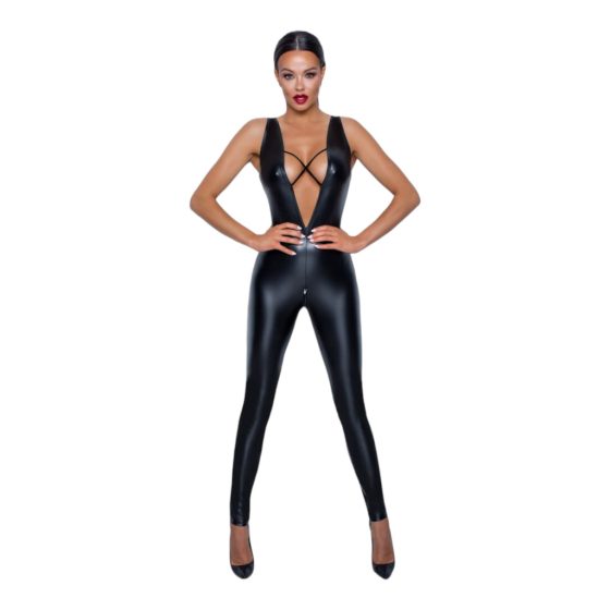  Black Cross-Strap Shiny Jumpsuit