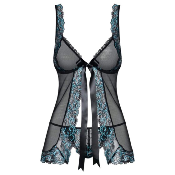 Obsessive Amanta - Embroidered Babydoll with Thong (Black-Turquoise)