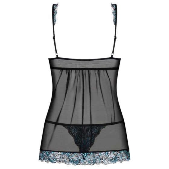 Obsessive Amanta - Embroidered Babydoll with Thong (Black-Turquoise)