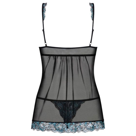 Obsessive Amanta - Embroidered Babydoll with Thong (Black-Turquoise)