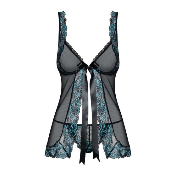 Obsessive Amanta - Embroidered Babydoll with Thong (Black-Turquoise)