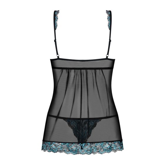 Obsessive Amanta - embroidered edged babydoll with thong (black-turquoise)