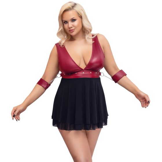 Cottelli Bondage Plus Size - Deep V-Neck Babydoll (Red-Black)