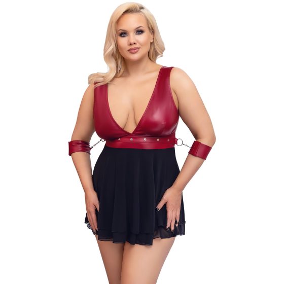 Cottelli Bondage Plus Size - Deep V-Neck Babydoll (Red-Black)