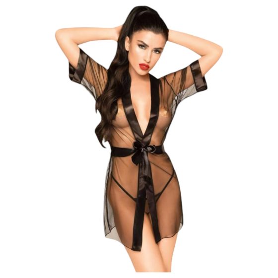 Penthouse Midnight Mirage - Satin Robe and Thong (Black)