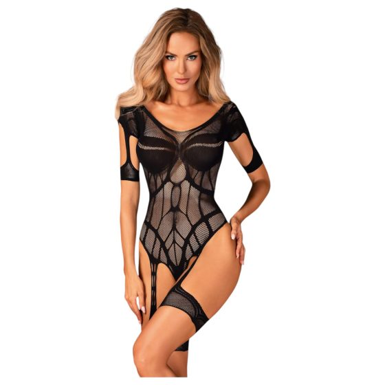 Obsessive - Patterned Open Mesh Bodysuit (Black) - (S-L)