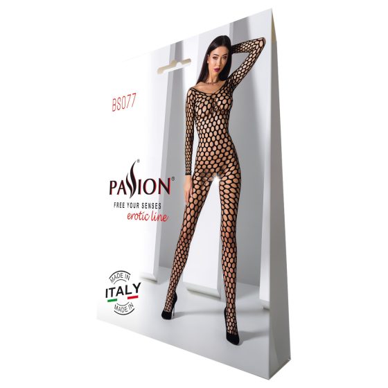 Passion BS077 - Long Sleeve Mesh Bodysuit (Black) - S-L