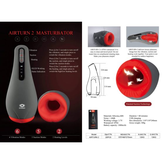 OTOUCH Airturn 2 - rechargeable sucking masturbator (black-red)