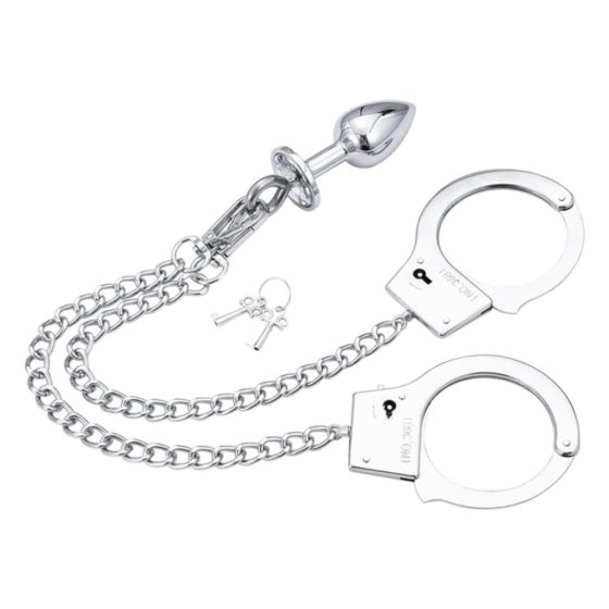 LateToBed BDSM - Handcuffs with Anal Dildo (Silver)