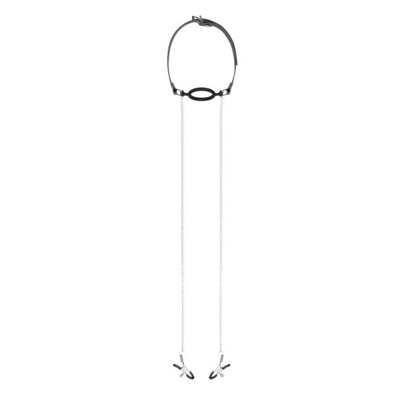 Bedroom Fantasies - Mouth Gag with Nipple Clamps (Silver-Black)