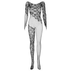   Obsessive F210 - Rose Patterned, Long Sleeve Fishnet Bodysuit - Black (S-L)