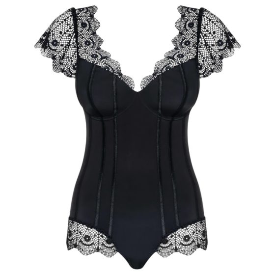 Obsessive Moketta - Lace Frill Striped Bodysuit (Black)