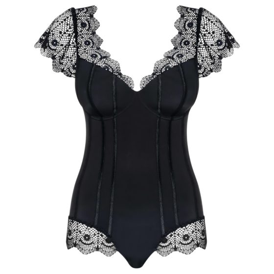 Obsessive Moketta - Lace Frill Striped Bodysuit (Black)