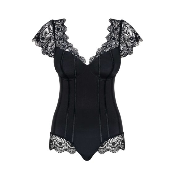 Obsessive Moketta - Lace Frill Striped Bodysuit (Black)