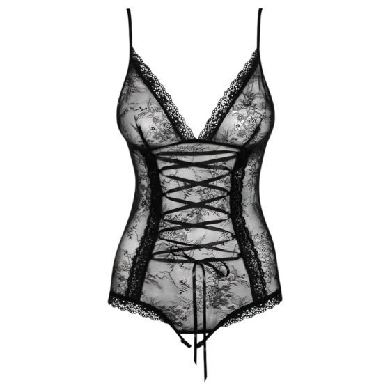 Obsessive Slevika - front-laced, open lace bodysuit (black)