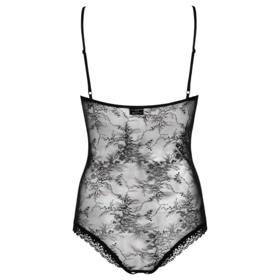 Obsessive Slevika - front-laced, open lace bodysuit (black)