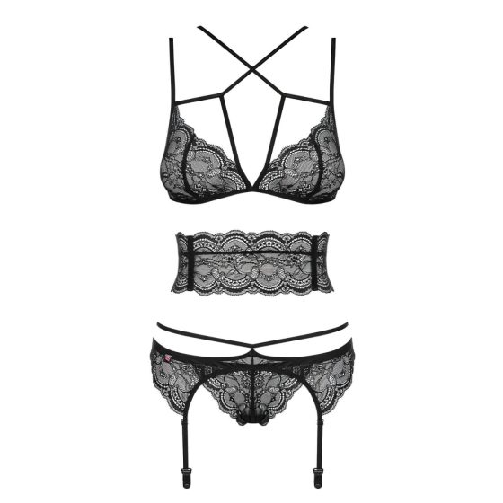 Obsessive Frivolla - Spicy Lace Lingerie Set - 4 Pieces (Black)